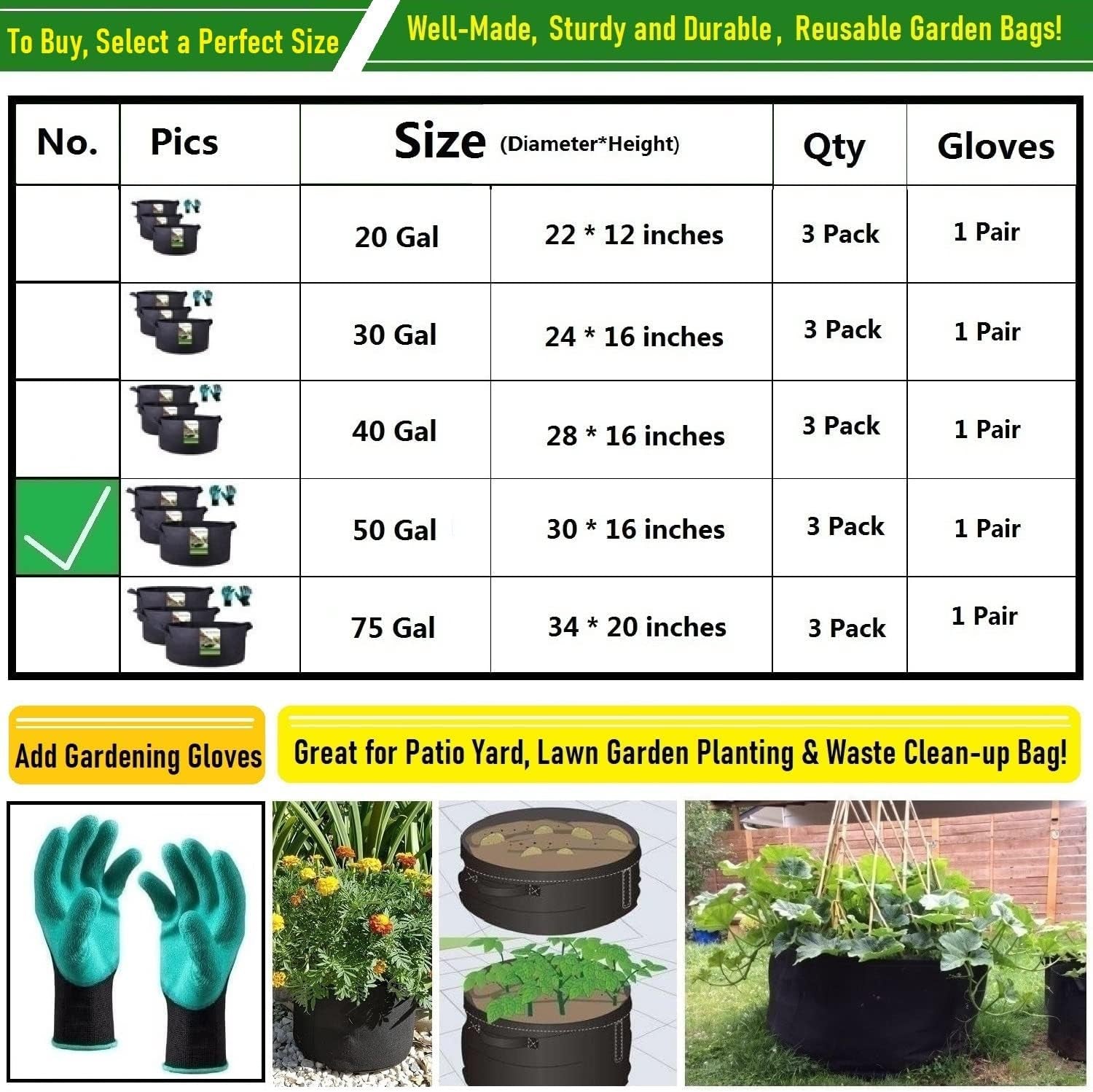 3-Pack 50 Gallon Thickened Plant Grow Bags (30X16 Inch) Heavy Duty Garden Bags Fabric Plant Pots for Tomato,Potato Planter,Herbs Veggies Plant Bags,Barrel Planter,Flower Pots,Yard Waste Bags,Leaf Bags