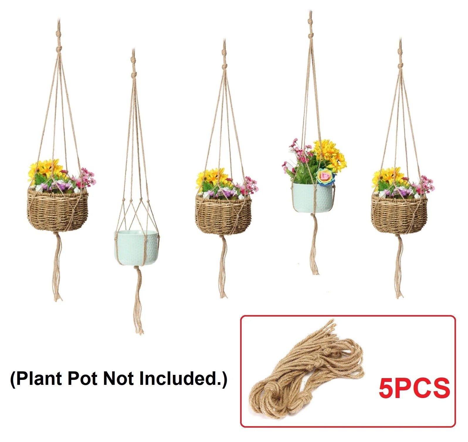 Set of 5 Plant Hanger Macrame Flower Pot Holder Indoor Outdoor Decorative Hanging Plant Basket Pot Holders Boho Home Decor No Tassels (POTS NOT Included)