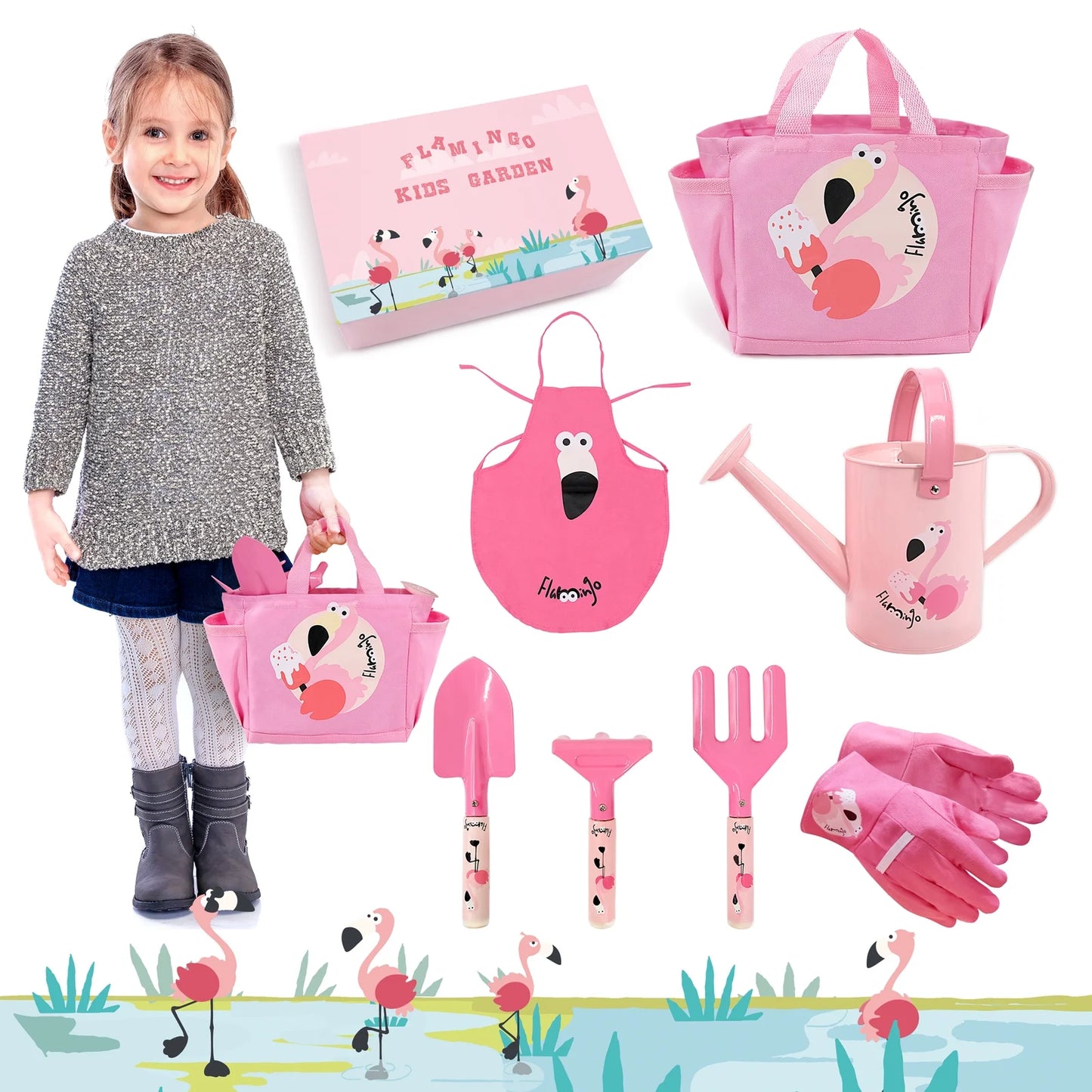 Kids Garden Tools Set, Garden Play Toys Gifts for Age 3+ Girls (Pink)