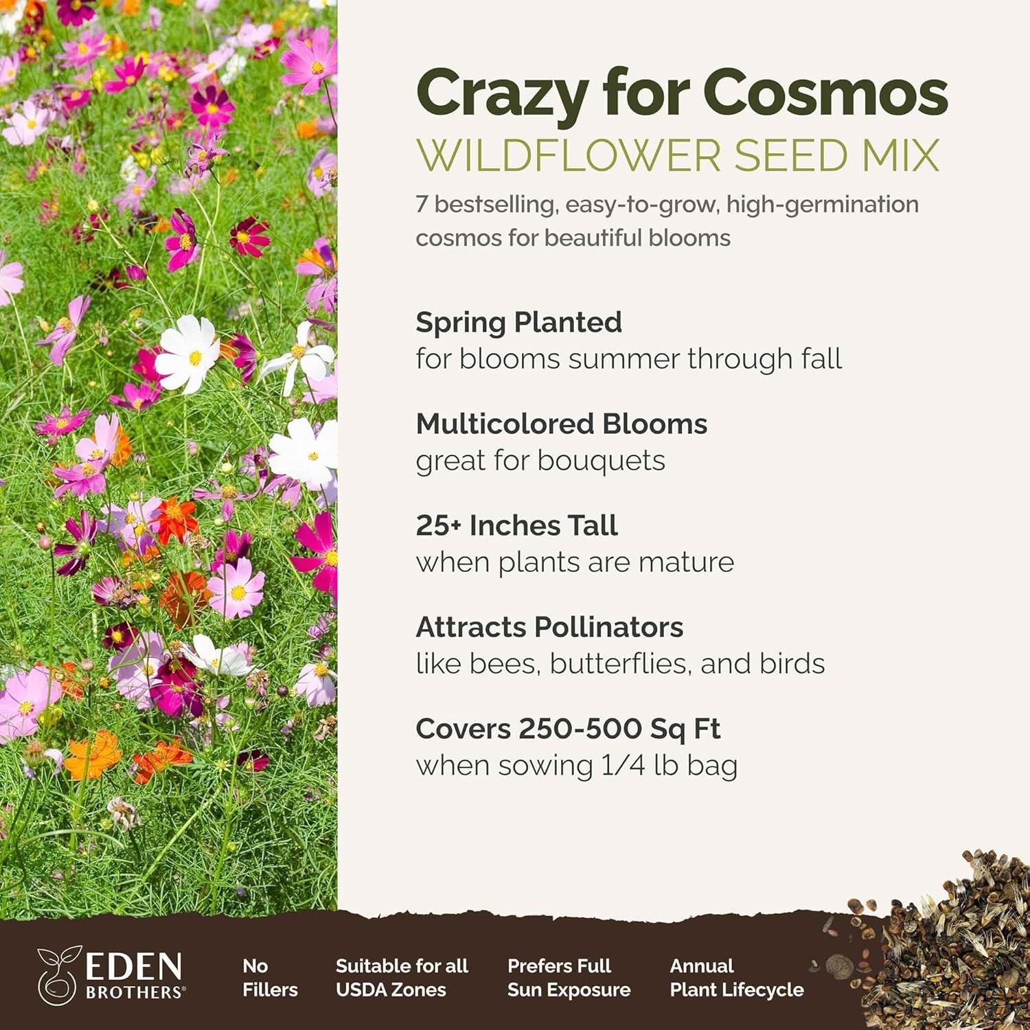 Crazy for Cosmos Flower Mixed Seeds for Planting, 1/4 Lb, 120,000+ Seeds with Cosmos Gloria, Pinkie, Purity | Attracts Pollinators, Plant in Spring or Fall, Zones 3, 4, 5, 6, 7, 8, 9, 10