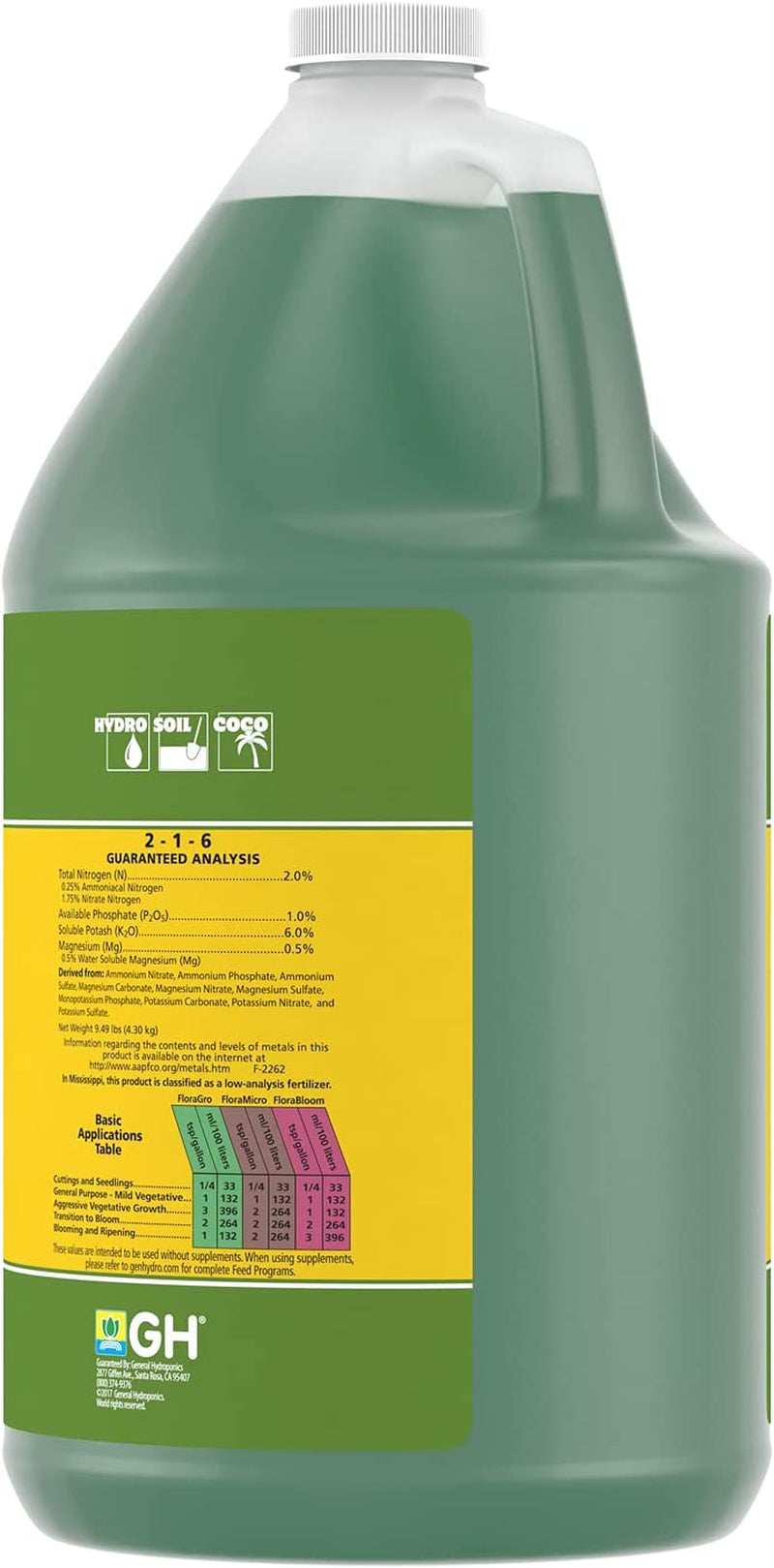 Floragro 2-1-6, Use with Floramicro & Florabloom, Provides Nutrients for Structural & Foliar Growth, Ideal for Hydroponics, 1-Gallon