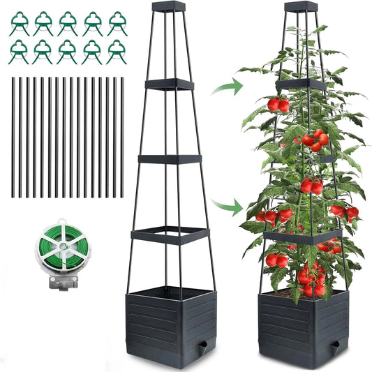 Tomato Planter with Trellis, 57" Raised Garden Bed Planters Box for Climbing Vegetables Plant, Self Watering Tomato Support Cages for Garden Pots, Use for Patios Greenhouse Indoor Outdoor