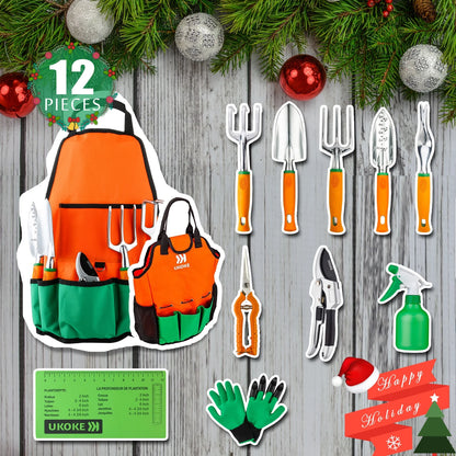 12 Piece Aluminum Garden Tools Set, Gardening Apron with Storage Pocket