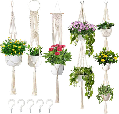 Macrame Plant Hanger Hanging Planters - 5 Packs Plant Holder Basket Hanging Plants Pots with 5 Hooks Indoor Plant Hanger for Outdoor Garden Ceiling Wall Home Decor Different Sizes