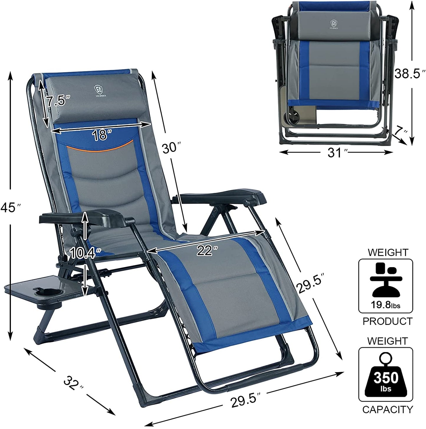 Oversize XL Zero Gravity Recliner Padded Patio Lounger Chair with Adjustable Headrest Support 350Lbs, Blue