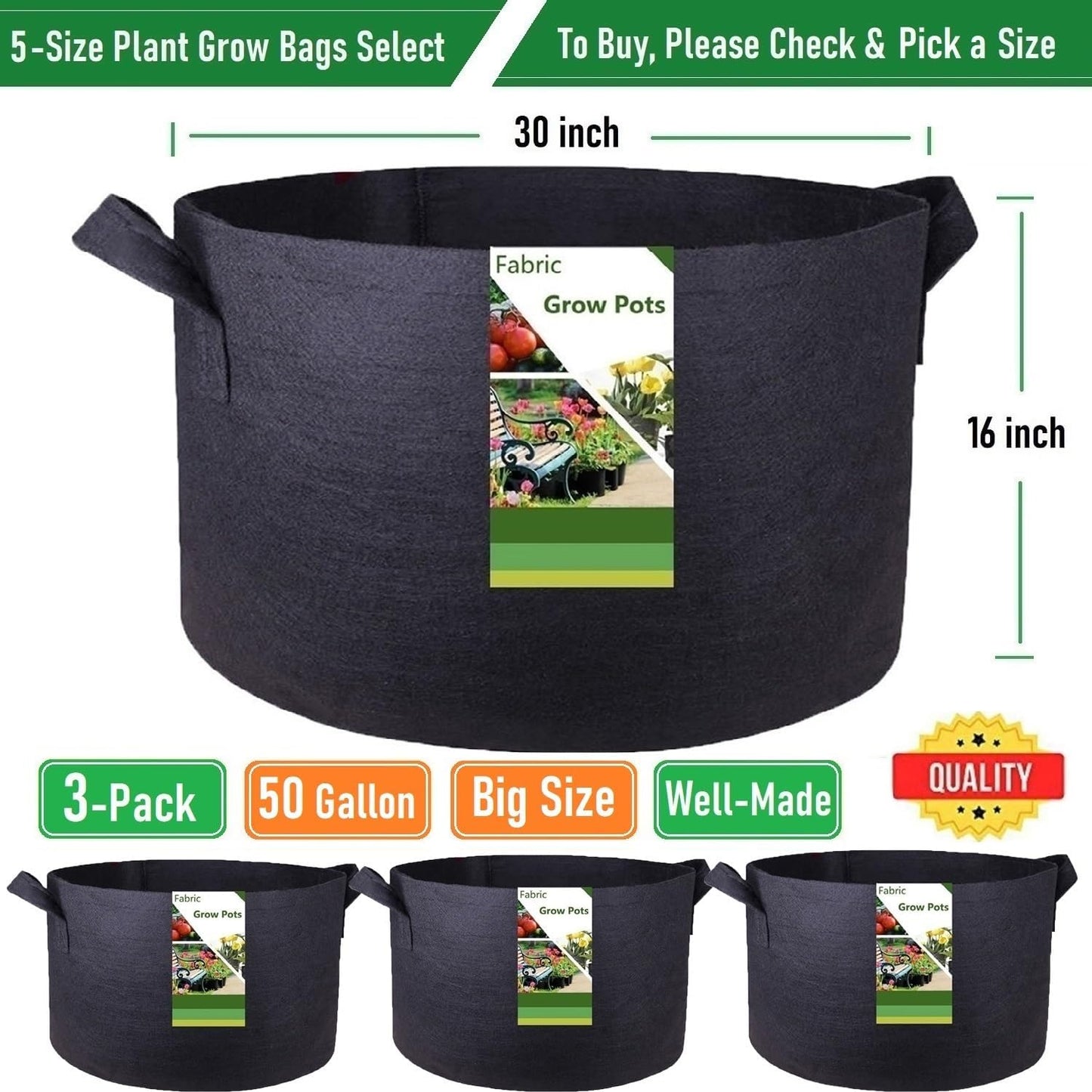 3-Pack 50 Gallon Thickened Plant Grow Bags (30X16 Inch) Heavy Duty Garden Bags Fabric Plant Pots for Tomato,Potato Planter,Herbs Veggies Plant Bags,Barrel Planter,Flower Pots,Yard Waste Bags,Leaf Bags