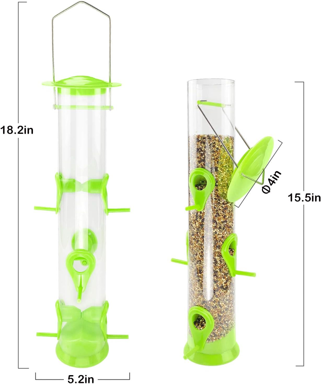 Bird Feeder Tube Hanging Feeders, 6 Port Wild Bird Feeders Premium Hard Plastic with Steel Hanger Weatherproof and Water Resistant Great for Attracting Birds 18.2 Inches Large (Light Green)