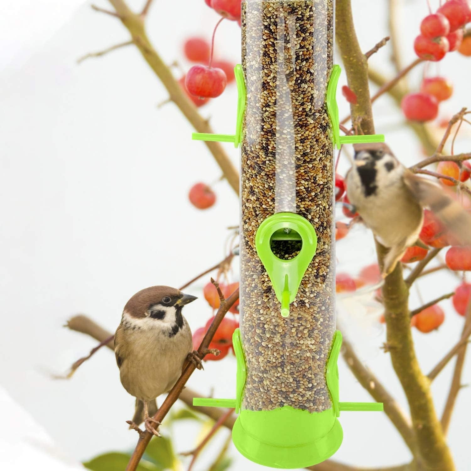 Bird Feeder Tube Hanging Feeders, 6 Port Wild Bird Feeders Premium Hard Plastic with Steel Hanger Weatherproof and Water Resistant Great for Attracting Birds 18.2 Inches Large (Light Green)