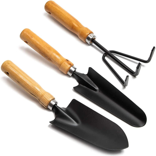 3-Piece Set Black Iron Gardening Tools Set with Mango Wood Handle - Mini Hand Trowel, Transplanter, Hand Rake Cultivator