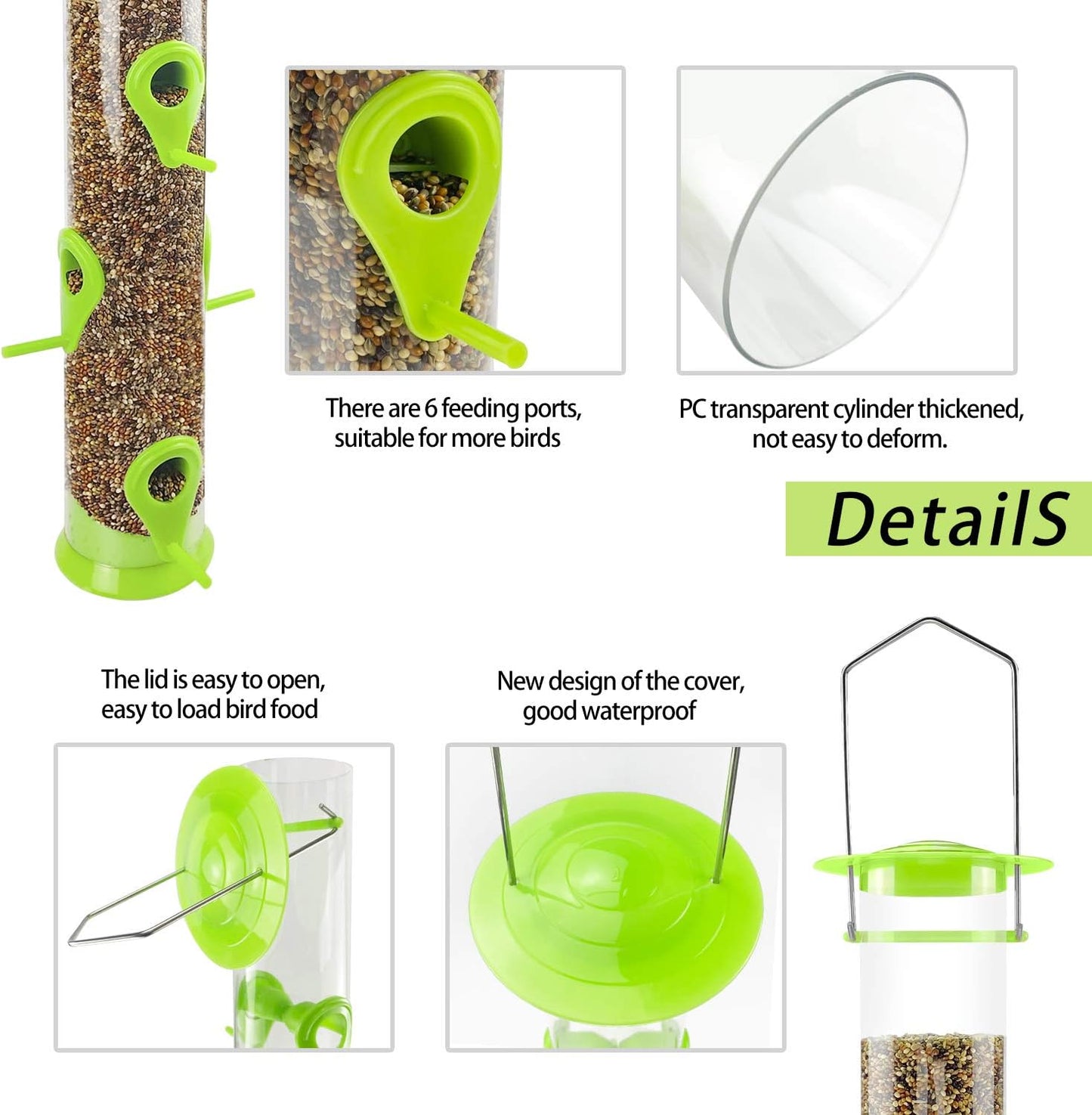 Bird Feeder Tube Hanging Feeders, 6 Port Wild Bird Feeders Premium Hard Plastic with Steel Hanger Weatherproof and Water Resistant Great for Attracting Birds 18.2 Inches Large (Light Green)