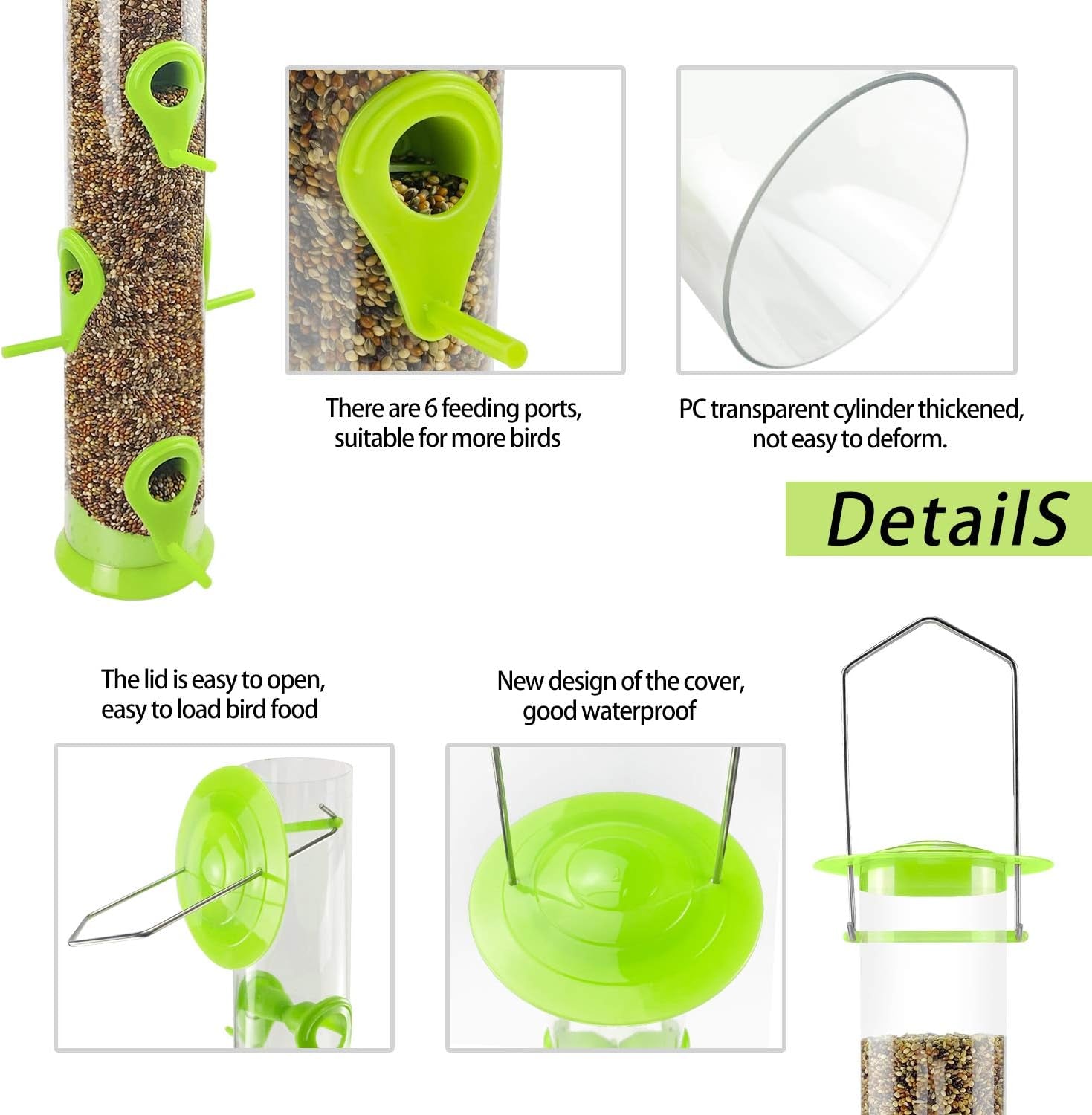 Bird Feeder Tube Hanging Feeders, 6 Port Wild Bird Feeders Premium Hard Plastic with Steel Hanger Weatherproof and Water Resistant Great for Attracting Birds 18.2 Inches Large (Light Green)