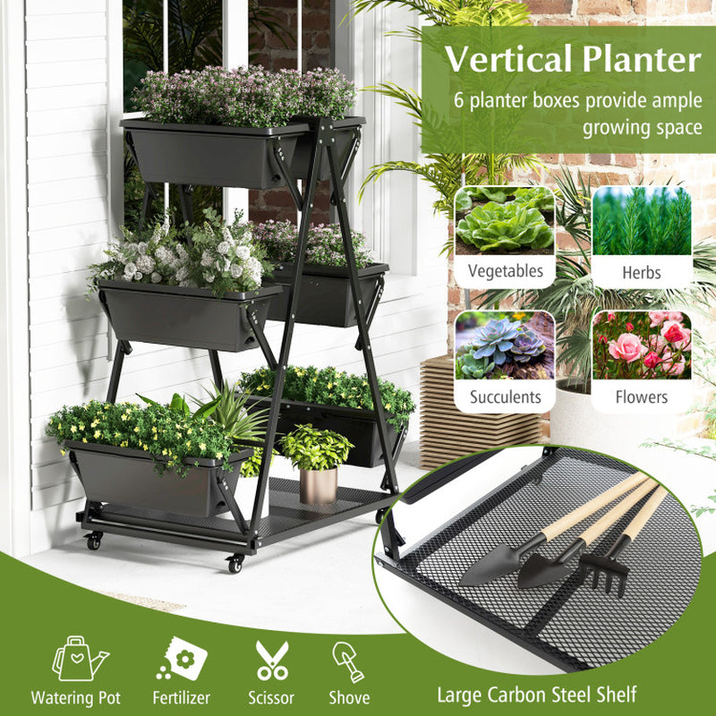 3-Tier Vertical Raised Garden Bed with 4 Wheels and 6 Container Boxes