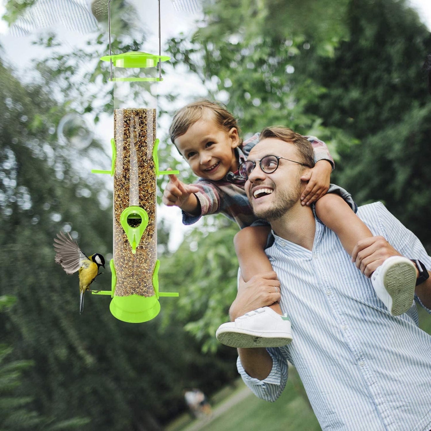 Bird Feeder Tube Hanging Feeders, 6 Port Wild Bird Feeders Premium Hard Plastic with Steel Hanger Weatherproof and Water Resistant Great for Attracting Birds 18.2 Inches Large (Light Green)