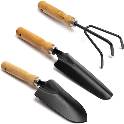 3-Piece Set Black Iron Gardening Tools Set with Mango Wood Handle - Mini Hand Trowel, Transplanter, Hand Rake Cultivator