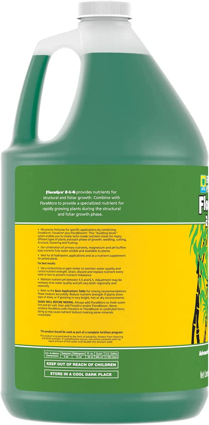 Floragro 2-1-6, Use with Floramicro & Florabloom, Provides Nutrients for Structural & Foliar Growth, Ideal for Hydroponics, 1-Gallon