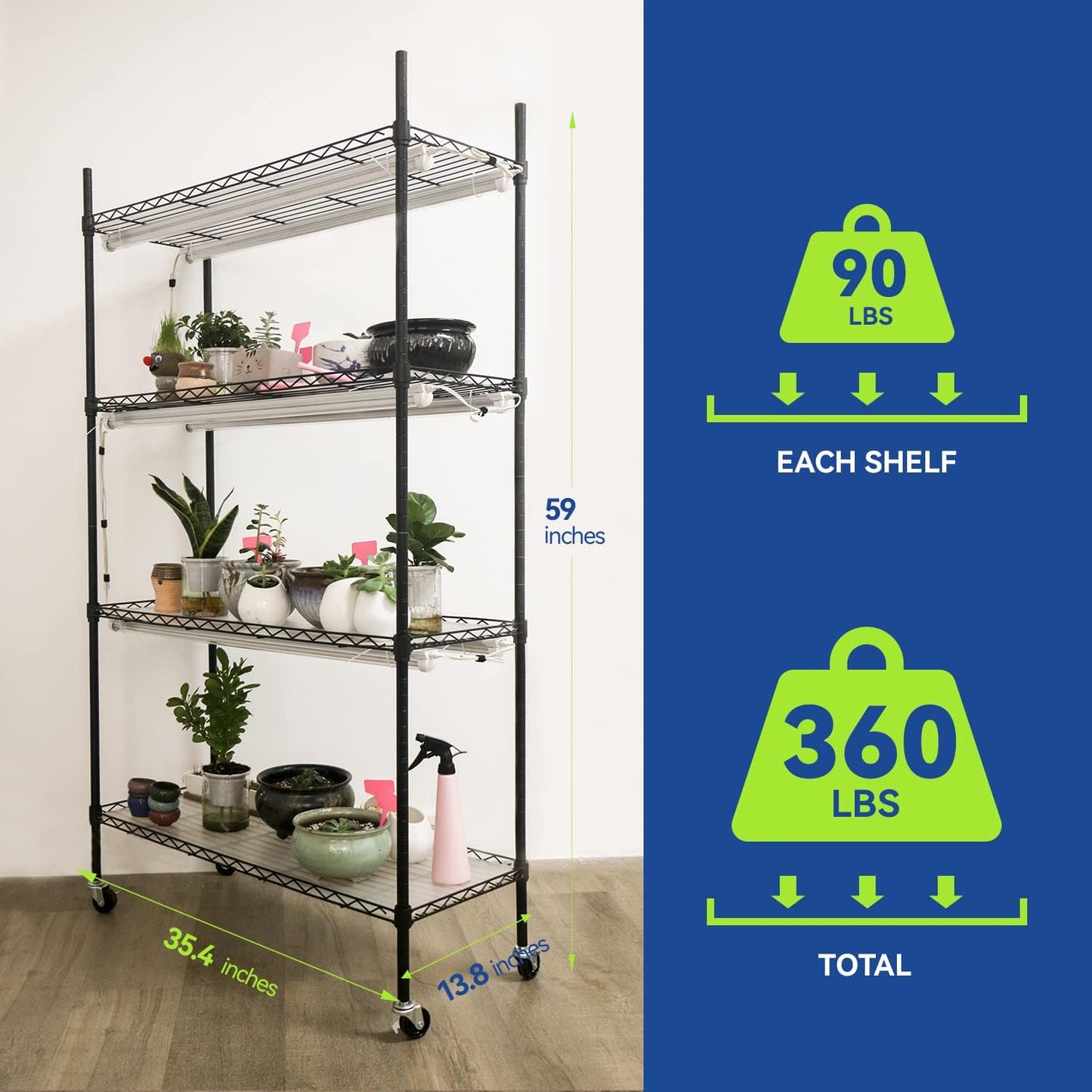 Plant Stand with Grow Lights for Seedling,4-Tier Plant Shelf with Full Spectrum 180W T8 Growing Lamps for Seed Starting,Heavy Duty Metal Rack with Wheels for Indoor Plants(35X14X61In,Black)