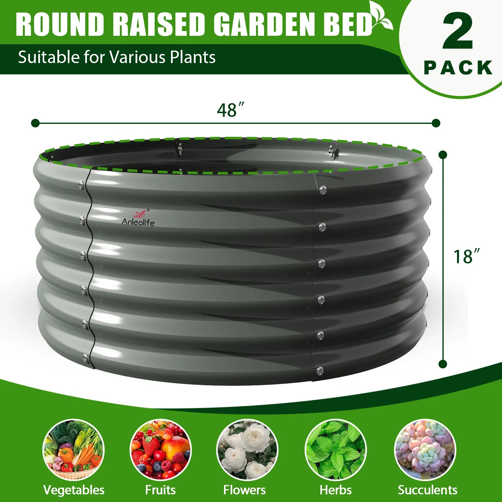 2 Pack-4Ft round Galvanized Raised Garden Bed, 18” Tall above Ground Modular Metal Planter Boxes Outdoor for Vegetables Flowers Herbs, Anti-Rust & Easy-Setup Quartz Grey