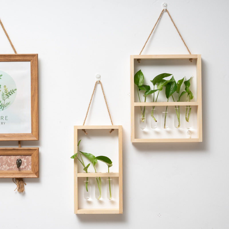 Wall Hanging Wooden Frame Glass Hydroponic Vase Creative Retro Bedroom Living Room Decoration