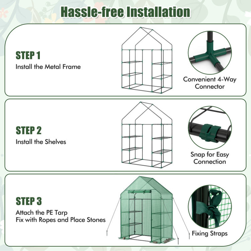 Portable 4 Tier Walk-In Plant Greenhouse with 8 Shelves