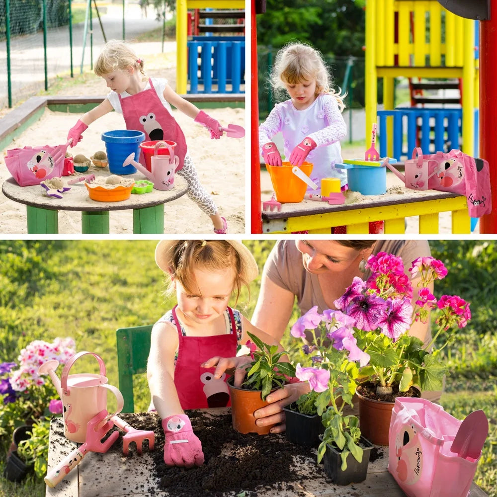 Kids Garden Tools Set, Garden Play Toys Gifts for Age 3+ Girls (Pink)