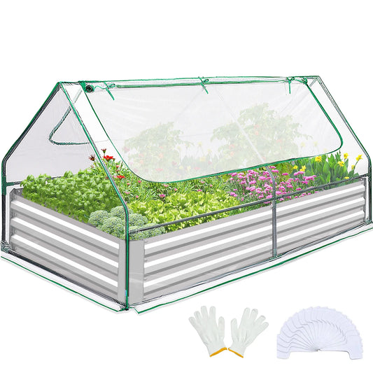 6X3X1Ft Galvanized Raised Garden Bed with Cover Metal Planter Box Kit, W/ 2 Large Screen Windows Mini Greenhouse 20Pcs T Tags 1 Pair of Gloves Included Outdoor Growing Vegetables (Clear)