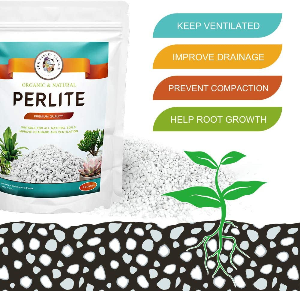 THE VALLEY GARDEN Organic Perlite for All Plants, All Natural Horticultural Soil Additive Conditioner Mix, Improve Drainage and Ventilation, Help Root Growth (2 Quarts)