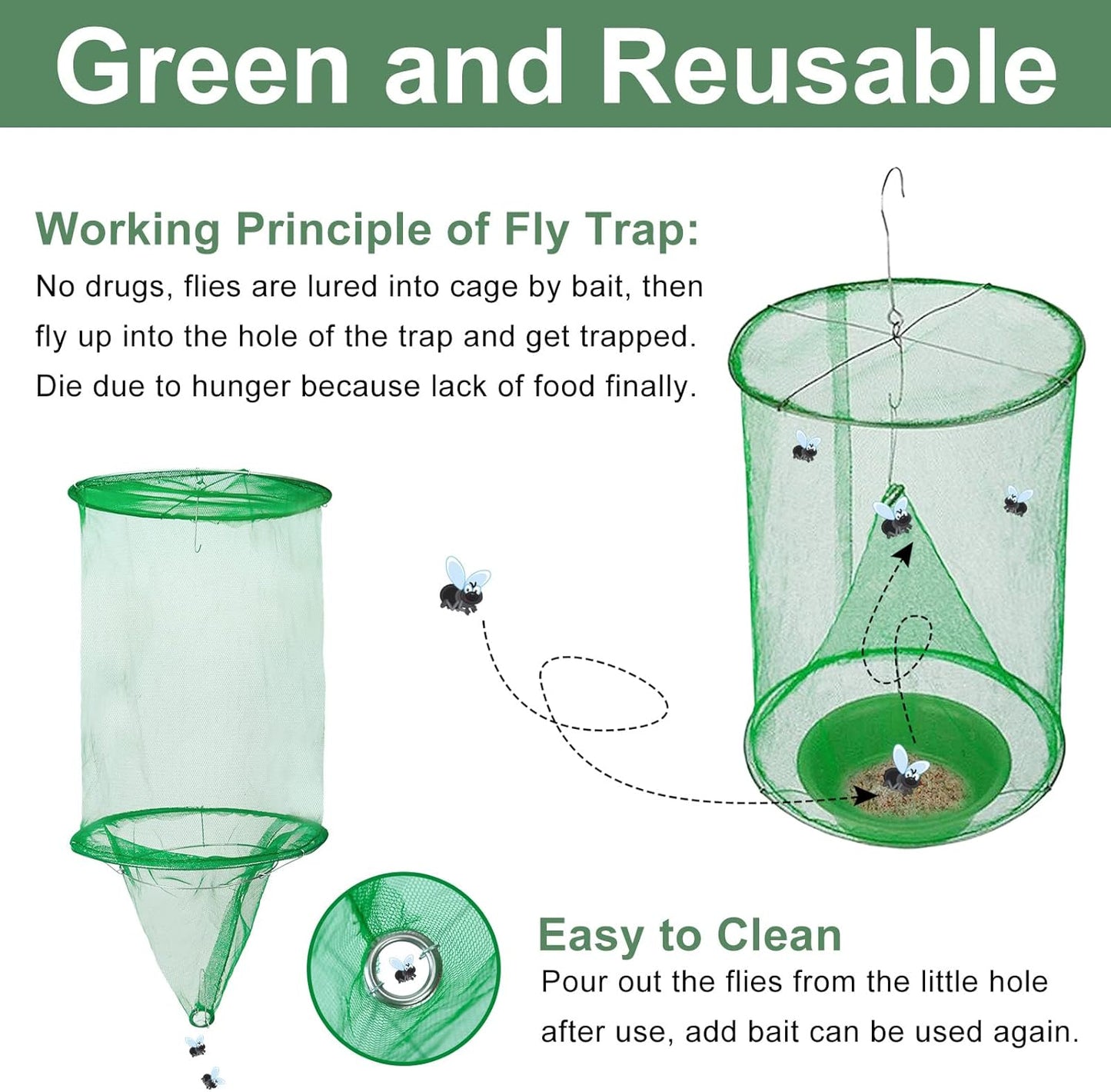 6 Pack Fly Traps Outdoor, Hanging Fly Catcher with Bait, Fly Killer Cage, Reusable Ranch Fly Traps for Outdoor Farm, Yard, Garden