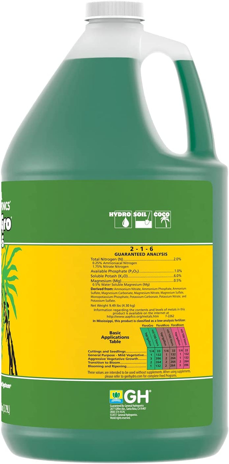 Floragro 2-1-6, Use with Floramicro & Florabloom, Provides Nutrients for Structural & Foliar Growth, Ideal for Hydroponics, 1-Gallon