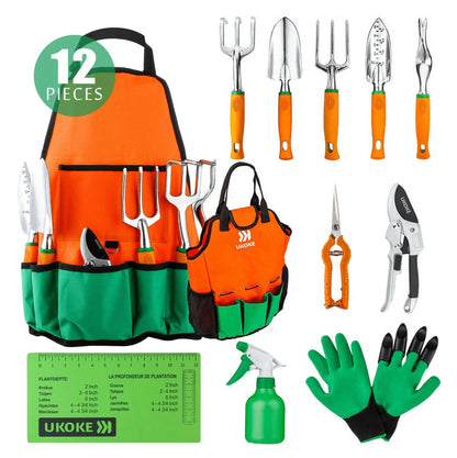 12 Piece Aluminum Garden Tools Set, Gardening Apron with Storage Pocket