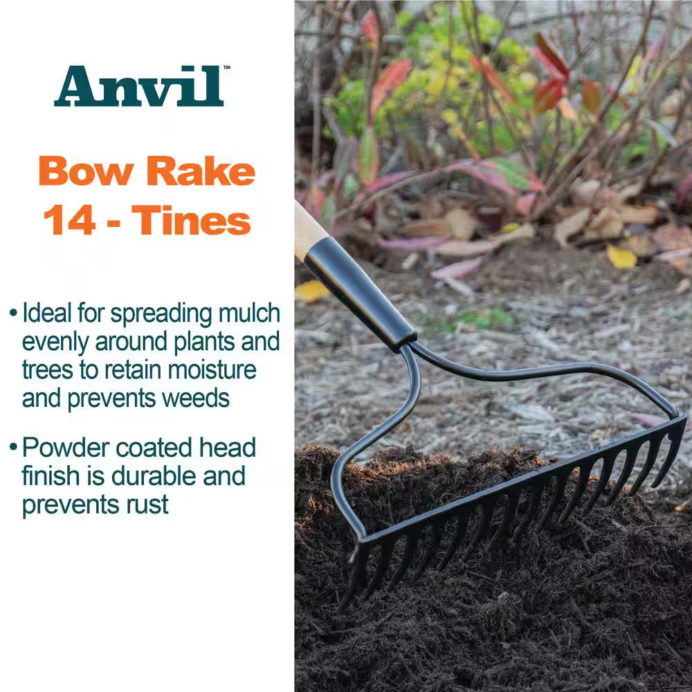 48 In. Handle Length, 14 Tine Bow Rake