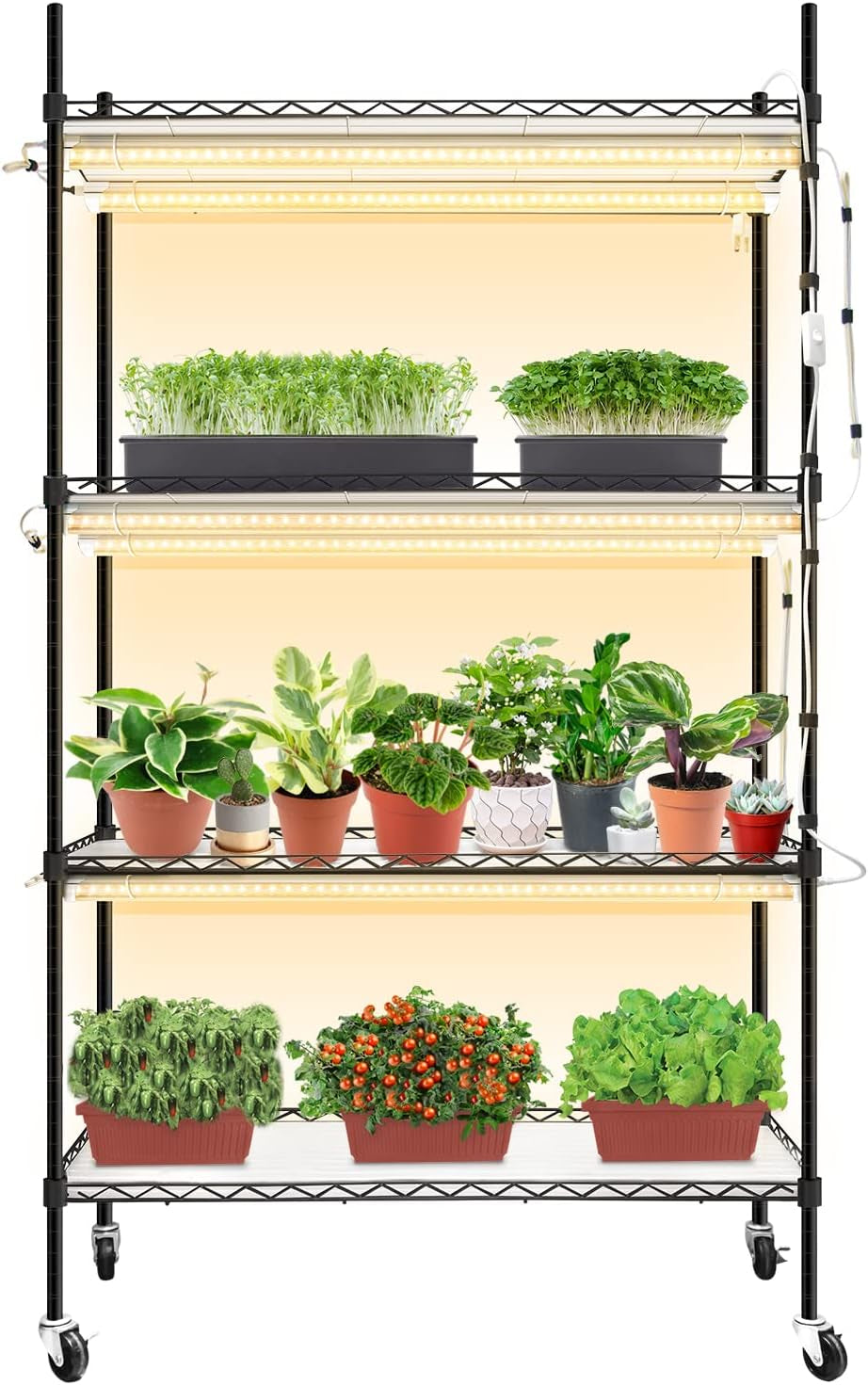 Plant Stand with Grow Lights for Seedling,4-Tier Plant Shelf with Full Spectrum 180W T8 Growing Lamps for Seed Starting,Heavy Duty Metal Rack with Wheels for Indoor Plants(35X14X61In,Black)