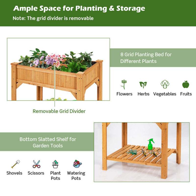 8 Grids Wood Elevated Garden Planter Box Kit with Liner and Shelf